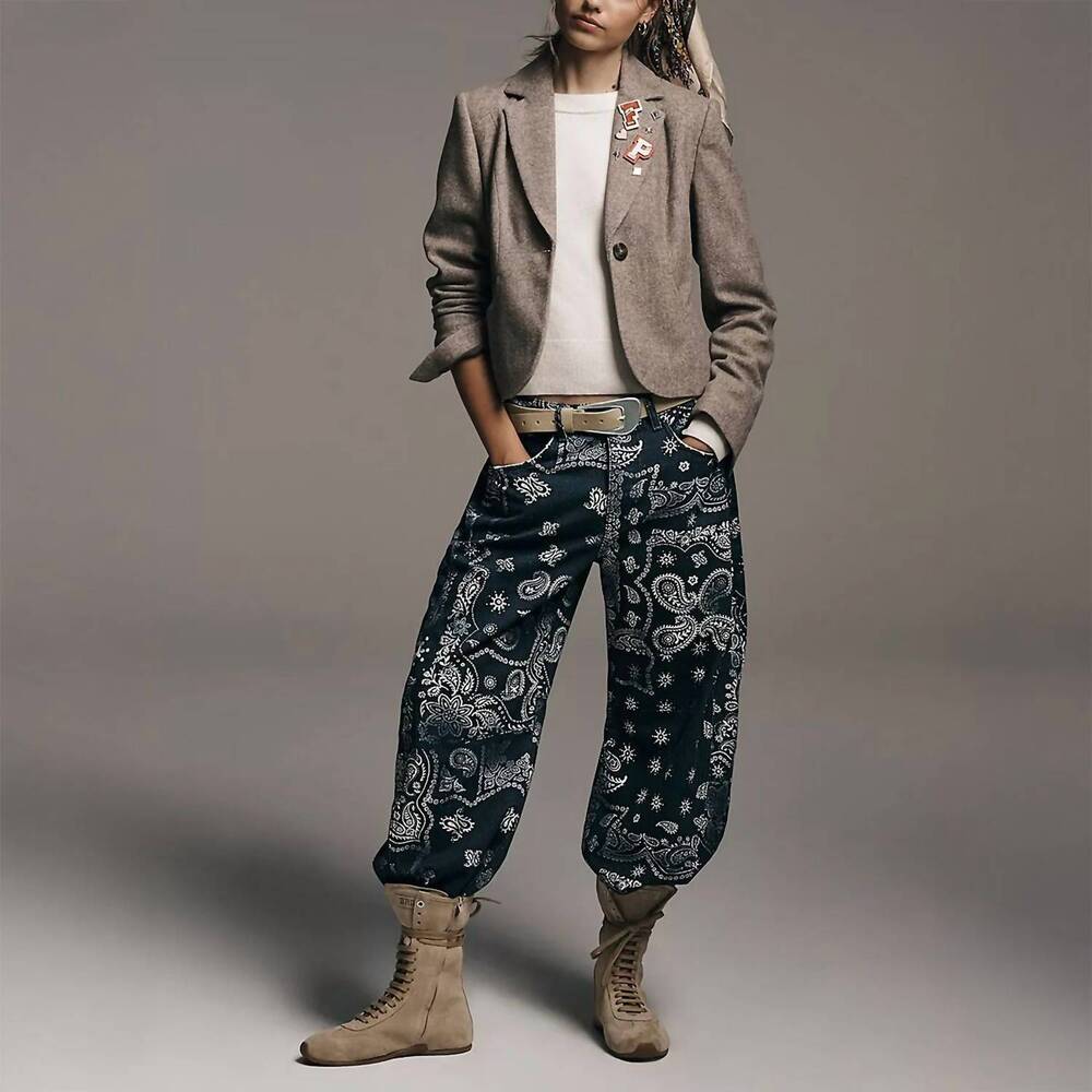 NEW FREE PEOPLE good luck printed barrel pants in navy bandana